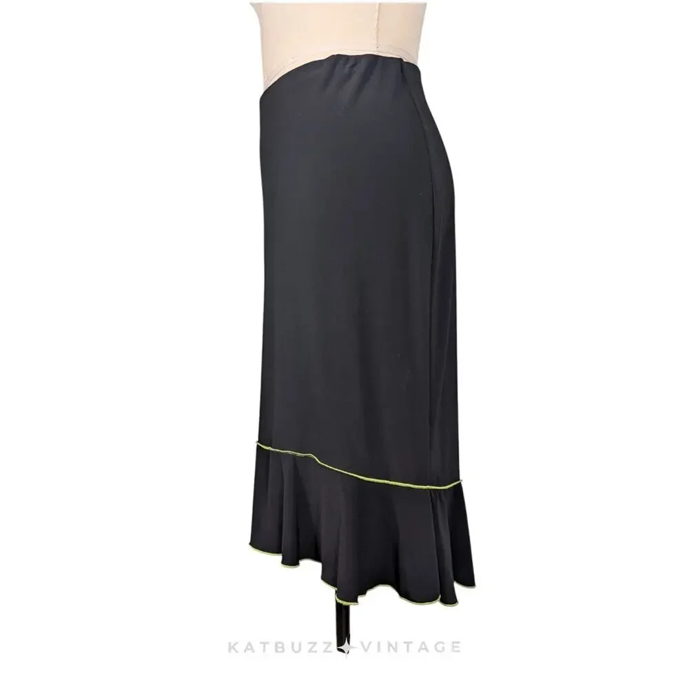 Vintage Midi Skirt M Black Green Y2K Whimsigoth Fairy Indie Ruffle Flare Pull On